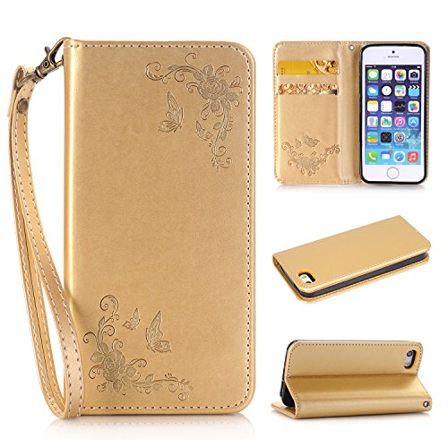 iPhone 5C Wallet Case,iPhone 5C Leather Case,Cozy Hut iPhone 5C Phone Case Butterfly Rose 3D Elegant PU Wallet Stand Function Leather Case Smartphone Slim Bookstyle with Magnetic Closure Card Slot Holder and Lanyard Strap Carrying Protective Case for iPhone 5C - Gold
