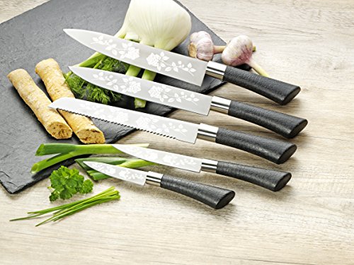 Esmeyer 291-554 5-teiliges Messerset „FLOWER“, inkl. Block, mit titanbeschichtete Klingen aus hochwertigem Edelstahl mit Lasergravur in Rosendesign. - 3