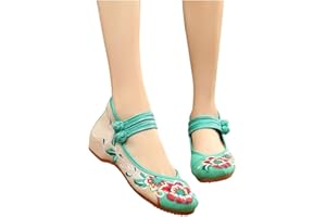 CHAOEN Women Chinese Style Vintage Embroidered Vintage Mary Jane Flats Walking Dancing Shoes Low Wedge Heel Ballet Dress Shoes