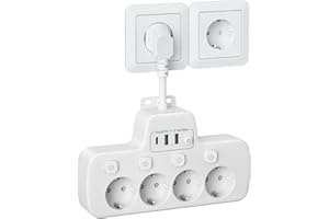HONIHOM Regletas Enchufes USB C, Ladron Enchufes con Interruptor Regleta 4 Tomas 3 Carga Rápida USB Adaptador Enchufe Alargador 6 Interruptor Independiente Schuko Enchufe Multiple Pared Cable Corto,Blanco