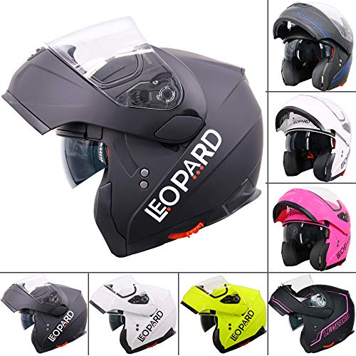 Leopard LEO-838 Doble Visera Casco Moto Modular ECE 22-05 Homologado #01 Negro Mate L (59-60cm) para Motocicleta Bicicleta Scooter Cascos de Moto Modulares Mujer y Hombre