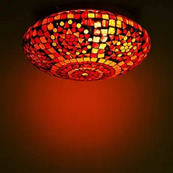 Earthenmetal Handcrafted Mosaic Decorated Circular Red Glass Ceiling Lamp