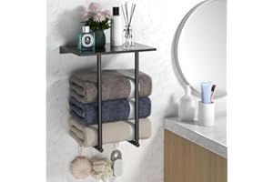 Unzipp Porte-Serviettes Mural avec étagère et Crochets pour Salle de Bain - Organisation et Rangement esthétique pour Grandes Serviettes de Bain - Noir Mat