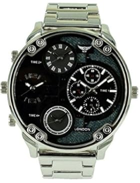 NY London Herren Silber mit schwarzem Gesicht Vier Zeitzonen Metall-Armbanduhr Analog-Quarz-Faltschließe zusätzliche...