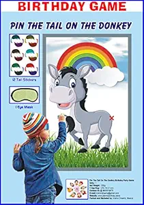 krishvi dreamz pin the tail on the donkey birthday/kitty party game for 12 kids includes large poster, 12 tail stickers and eyemask-Black