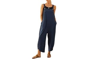 MAGIMODAC Cotton Linen Strappy Jumpsuit Women Dungarees Baggy Overalls Playsuit Trousers with Pockets UK 6 8 10 12 14 16 18 20 22