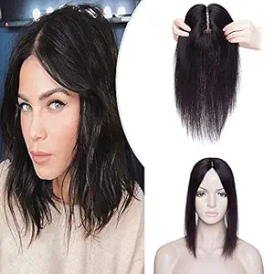 Hairro Silk Base Human Hair Topper for Women 12 Inch Long Clip in Hair Filler Extension Natural Black Crown Top Clip on Toupee Hairpieces with 4 Clips Larger Base for Thinning Hair #1B