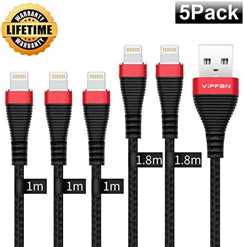 Lightning Cable, VIPFAN 5Pack [3X3ft 2X6ft] Nylon Braided iPhone Charging Cord for iPhone X/8/8plus/7/7plus/6/6s/6plus/6s plus/5s/SE/iPod/iPad [Black]