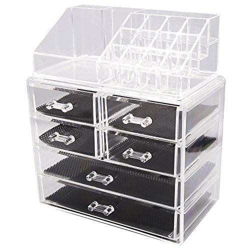 TRESKO® Acryl Organizer für Make-up, Kosmetik, Schmuck, Schminke, Accessoires, Aufbewahrungsbox mit Schubladen, Organisator für Lippenstift, Lipgloss, Nagellack, Make up- und Augenbrauenpinsel, Rouge, Halskette, Ringe und vieles mehr (6 Schubladen – JWYOGR-001) - 2