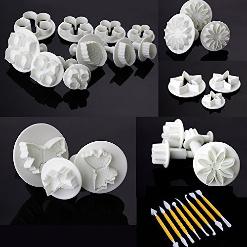 ilauke DIY 54tlg. Ausstecher Ausstechform Stempel Modellierwerkzeug Glätter Fondant Marzipan Tortendeko & Klein Marzipan-Messer Kuchen Cutter mit Dekorieren Schere - 5