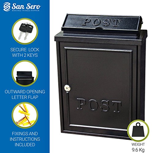 Classic Metal Postbox [BLACK] Large Aperture Size 42cm High x 29cm Wide Diecast Aluminium