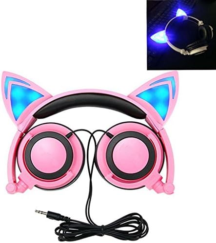 Cat Ear Headphones, Kids Headphones Flashing Blinking Glowing Cosplay Fancy Foldable Over-Ear Gaming Headsets with LED Light for Girls, Children, Compatible for iPhone 6S, Android Phone, PC (Pink)