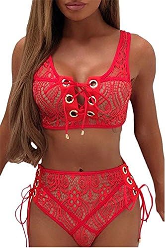 Ibelive Woman's Criss Cross Lace Up Front Tie Side Bottom 2PCS Bikini Set Lace Bandage Body Suit Swimwear (Red, S)