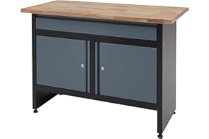 BiGDUG Garage Workbench Drawer Cabinet - Workshop Storage Workstation - 842H x 1200W x 600D mm - 1x Drawer & 2 Door Cupboard - Black/Grey