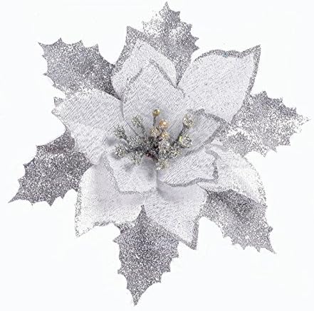 Cilected 6 Pieces 17 cm Artificial Poinsettia Flower For Christmas Tree Wreath House Decoration Blue Red Golden With Shining Edge (Silver)