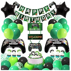 Ouddy Gamer Birthday Decorations for Boys, Gaming Decorations Happy Birthday Banner Green Black Foil Gamer Controller Balloons Welcome Sign Cake Toppers for Video Game Boys Party Supplies