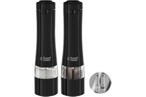 Russell Hobbs Set Moulins à Sel et Poivre électrique [2 Moulins automatiques] Noir Acier Inox (Finesse de broyage réglable, Meules en Céramique, pour épices séchées, Eclairage LED) 28010-56