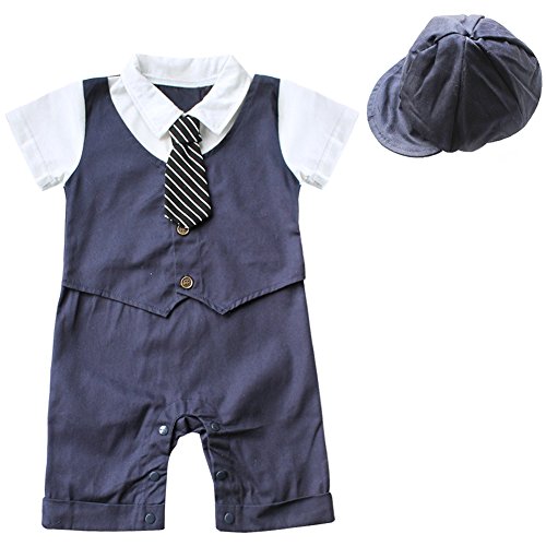 TiaoBug Baby Boys Gentleman Romper Jumpsuit Suit Hat Bowtie Communion Party Bodysuit Clothing 12-18 Months Navy Blue