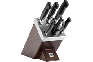 ZWILLING Bloque de cuchillos auto-afilables, 7 piezas, bloque de madera, cuchillos y tijeras con mango especial de acero inoxidable/plástico, Four Star