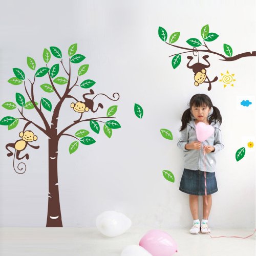 Große Hanging Monkey und Grüne Baum Baby-Kinderzimmer-Wand-Sticker - 2