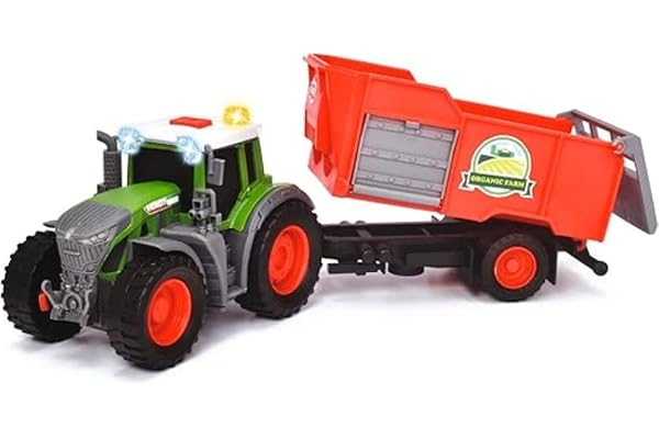 Dickie Toys Tracteur Fendt avec remorque (26 cm) - Jouet Tracteur pour Enfants à partir de 3 Ans avec mécanisme à Roue Libre, lumière, Son et Autres Fonctions, avec balles de Foin pour Jouer