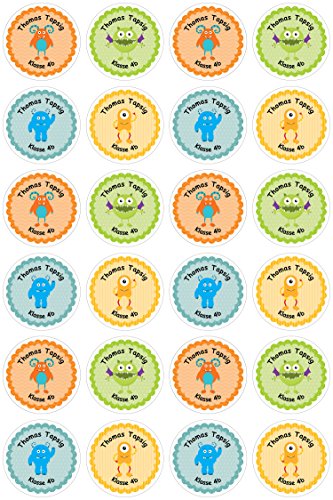 24 individuelle Aufkleber Namenssticker Schule (Set 4) Monster Motiv - 2