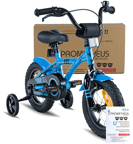 PROMETHEUS Kinderfahrrad 12 Zoll Jungen in Blau & Schwarz mit Stützrädern | Seitenzugbremse und Rücktrittbremse | ab 3 Jahren | 12″ BMX Edition 2017 - 2