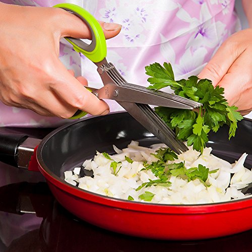 Trenta Kitchen Kräuterschere mit Mehrzweck-Schäler, für Obst und Gemüse, hochwertiges Küchenzubehör, Schere mit 5 Edelstahlklingen, inkl. Schutzhülle und Reinigungskamm grün - 2