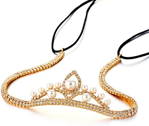 Crown Tiara Head Hair Band, Spceial Style 14K Gold Jewellery Clear Swiss Crystal Elements & Ivory Faux Pearls. Classic Accessory for Bridal & Costume by Janeo Jewels. Gift Under £15