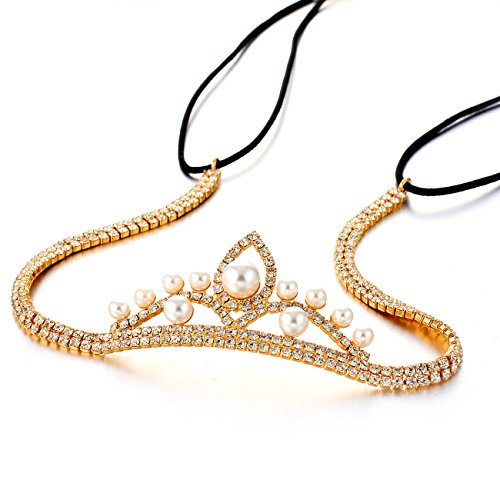 Crown Tiara Head Hair Band, Spceial Style 14K Gold Jewellery Clear Swiss Crystal Elements & Ivory Faux Pearls. Classic Accessory for Bridal & Costume by Janeo Jewels. Gift Under £15