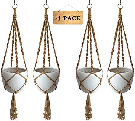4 Legs Macrame Plant Hanger Hanging Planter Natural Jute Plant Holder with Wood Bead Decoration and Metal Ring 50" for 10 inch Planter Pot (4)