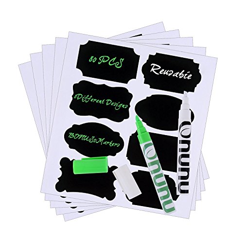 Ohuhu® 80pcs Tafeletiketten Aufkleber Tafel-Sticker Tafelfolie selbstklebend Tafelaufkleber Tafel-Aufkleber mit 2 Liquid Chalk Marker Pen- perfekt für Marmeladengläser, Biergläser, Weingläser, Speicherunggläser (weiß)