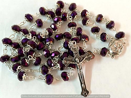 Glass Crystal Beads Rosary with Holy Soil Mary of Jerusalem Silver Crucifix (Purple)