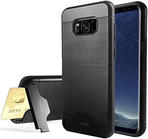 Galaxy S8 Plus Case,YELUN Shockproof Slim Fit Dual Layer Rugged Hybrid Cover Protective Case with Card Slot Holder and Kickstand Wallet Case Heavy Duty Bumper Case for Samsung S8 Plus-Black