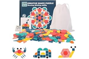 EACHHAHA Tangram Shape Puzzle,180 Pcs Wooden Pattern Blocks,Creative Jigsaw Puzzle Toys for Kids,Montessori Educational Learning Toys for 3 4 5 Year olds Boys and Girls