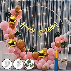 Party Propz Pink Birthday Decoration Items Combo Set For Girls Kids- Happy Birthday Banner, Metallic Balloons, Net, Glue Dot,Arch Strip, Balloon Pump, Star Foil With Led Fairy Lights For Birthday Decorations Celebrations