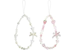 Yamobi 2er-Set Y2K Handyanhänger, Perlen-Handykette, Cute Keychain für Handyhülle, Beaded Phone Strap, Strawberry & Bow Bag Charm, Handyband, Pink Handyanhänger für Frauen