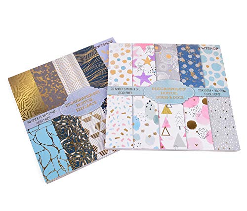ewtshop® 2 Blocchi di Carta di Design HOTFOIL, Stars & Dots + Elegance, 25 x 25 cm, 20 Motivi, Motivo luccicante con Pellicola Dorata