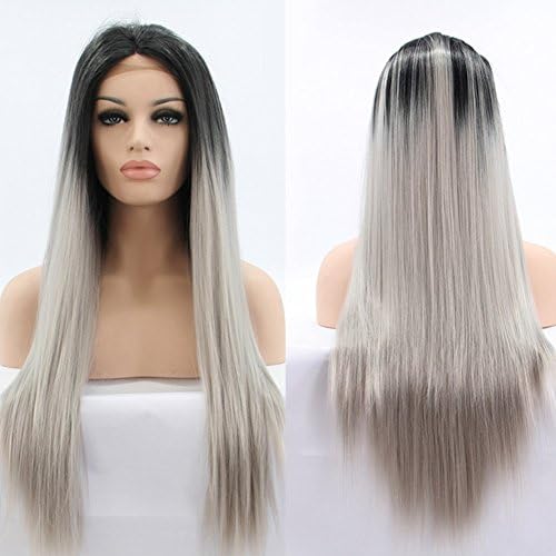 Gloryhair® Ombre Silky Straight Lace Front Wigs Dark Roots Heat Resistant Hair Wig Ombre Tone Color Black and Grey Synthetic Glueless Lace Front Ombre Silver Wig for Women (28inch, gray)