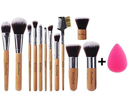 [New Arrival] EmaxDesign® 12+1 Pieces Makeup Brush Set, 12 Piece Bamboo Handle Cosmetics Brushes & 1 Piece EmaxBeauty® Makeup Blender Sponge