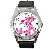 Taport® The Pink Panther Quarz-Armbanduhr, rund, SCI FI, echtes Lederband, inklusive Ersatzakku und Geschenkbeutel, Schwarz