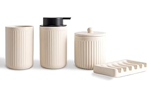 Agyiuns Badezimmer Set,Bad Zubehör Keramik 4,Enthält 330 ml Flüssigseifenspender, Zahnputzbecher, Seifenschale, Wattestäbchenhalter,Geeignet für Bäder, Waschbecken(Beige, Flüssigseifenspender)
