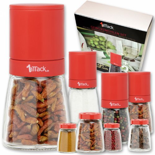 Pfeffermühle Salzmühle Gewürzmühle unbefüllt mit Keramik Mahlwerk in Geschenk Verpackung Salzstreuer Pfefferstreuer Mühle Spender Gewürz Würze Salz Pfeffer Kräuter Kochen Tisch accesoires Bar ml Höhe cm - Set da 4, rosso, 135 mm