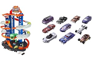 Hot Wheels City Super Dino Robot Garage avec T-Rex, pour contenir jusqu’à 100 petites voitures & Coffret 10 véhicules, jouet pour enfant de petites voitures miniatures, modèle aléatoire, 54886