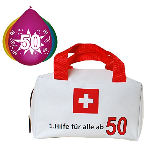 Geschenkset zum 50. Geburtstag Tasche 1. Hilfe für alle ab 50 und 5 Luftballons