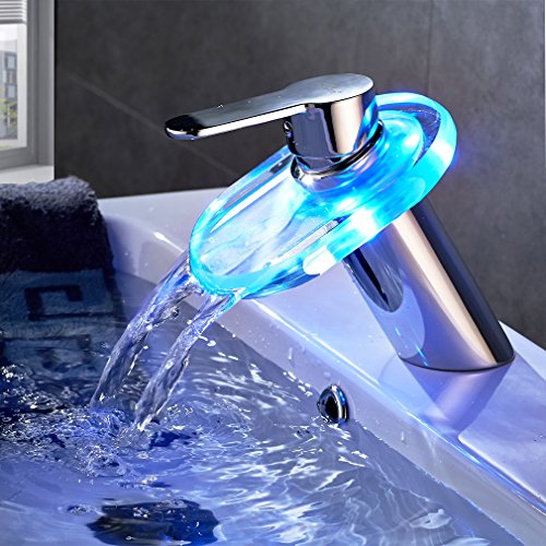 Chrom Waschtischarmatur LED RGB Ellipse Glas Wasserfall Wasserhahn Kupfer Waschbeckenarmatur für Bad Armatur