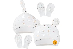 1 one enjoy 2 Paia Cappellini Beanie e Manopole per Neonato,2 Paia AntiGraffio Guanti per Neonati e 2 Pezzi Berretto bebé 0-6 Mesi,100% Cotone