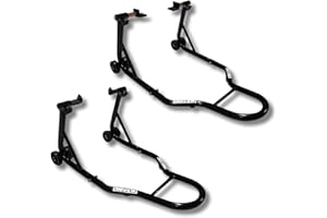 CRUIZER Cavalletto Moto Anteriore con Attacchi a Coni + Cavalletto Posteriore a Piastre Regolabili con Ruote Sottostanti Barre Rinforzi Laterali Carico Massimo 600 kg