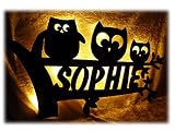 Schlummerlicht24 Nachtlicht "Eulen im Trio", Geschenk mit individuellem Namen, ideal als Geburts- oder Taufgeschenk für das Kinderzimmer, handgemacht