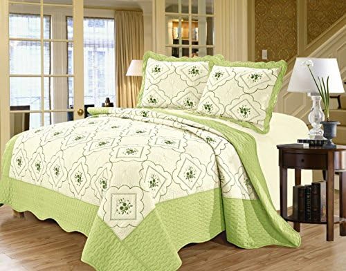 IMPERIAL ROOMS 3 piece Embroidered Quilted Poly Cotton Bedspread Beautiful Floral Luxury Bedding sets Throw sets Pillows Comforter Set ( Single / Green ) Include 1 Bedspread &amp; 2 Pillow shams, Perfect For Bedroom, Guest Room, Treat Your Bedroom With Our Latest Collection Of Bedding Sets.